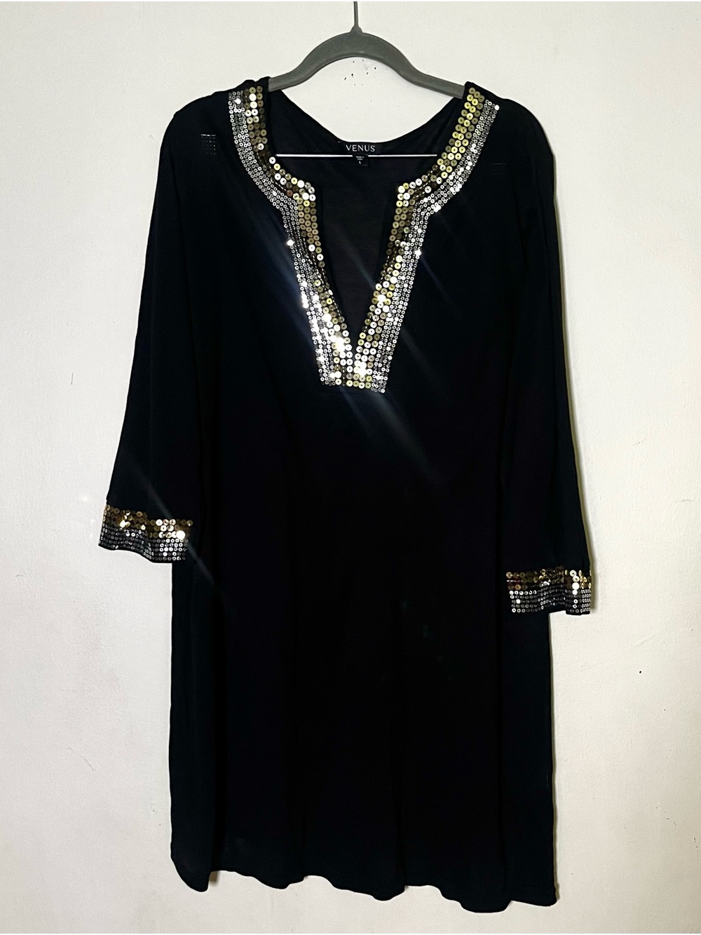 VENUS Black V-Neck Tunic with Gold and Silver Sequins
